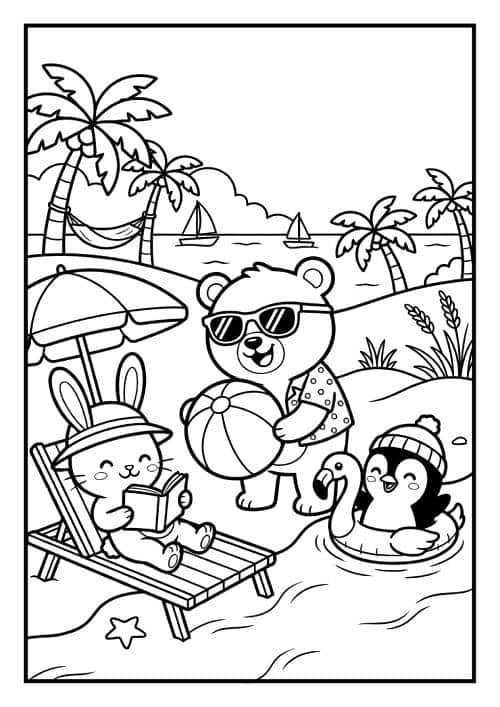 Coloriage plage à imprimer gratuit, animaux kawaii avec ballon, parasol et bouée flamant rose