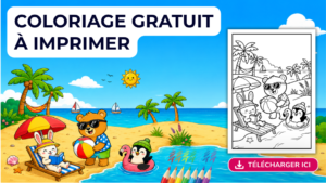 Lire la suite à propos de l’article Coloriage plage à imprimer : une journée de sable et de baignade avec les MellowPaws Friends