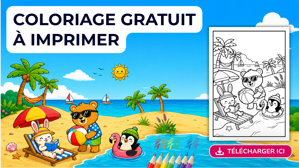 Lire la suite à propos de l’article Coloriage plage à imprimer : une journée de sable et de baignade avec les MellowPaws Friends