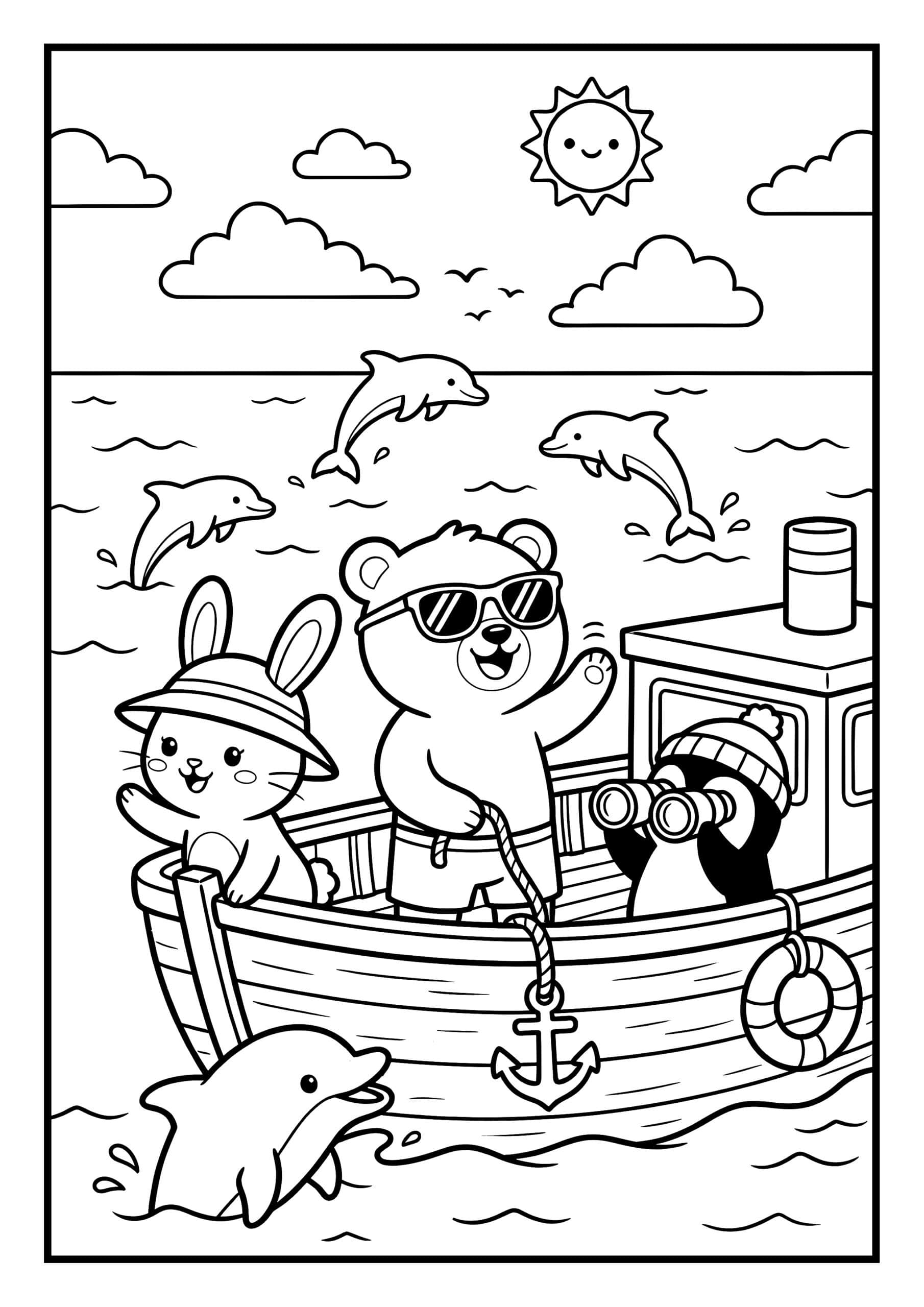 Coloriage dauphin kawaii à imprimer gratuit, sortie en bateau avec des animaux mignons