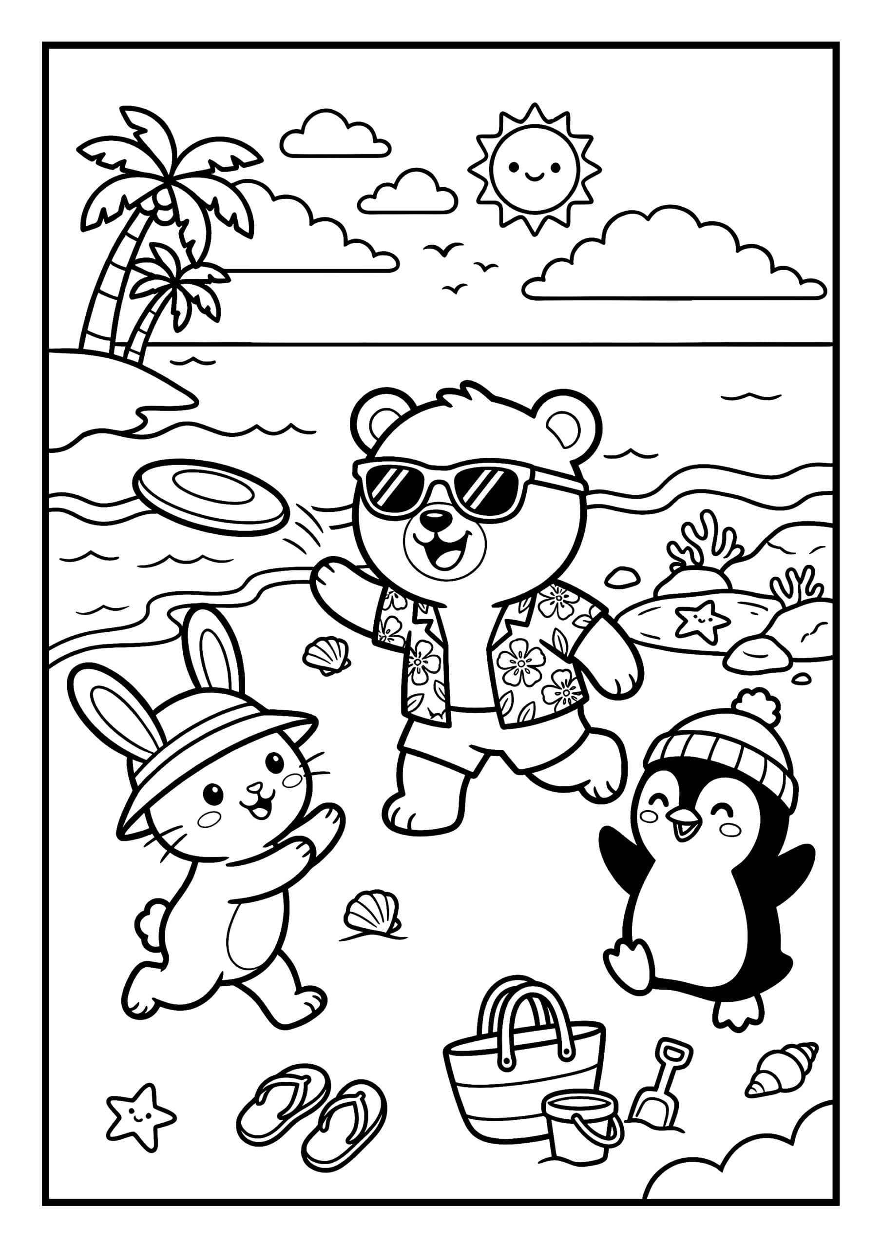 Coloriage animaux mignons à imprimer gratuit, un ours, un lapin et un pingouin kawaii qui jouent au frisbee sur la plage